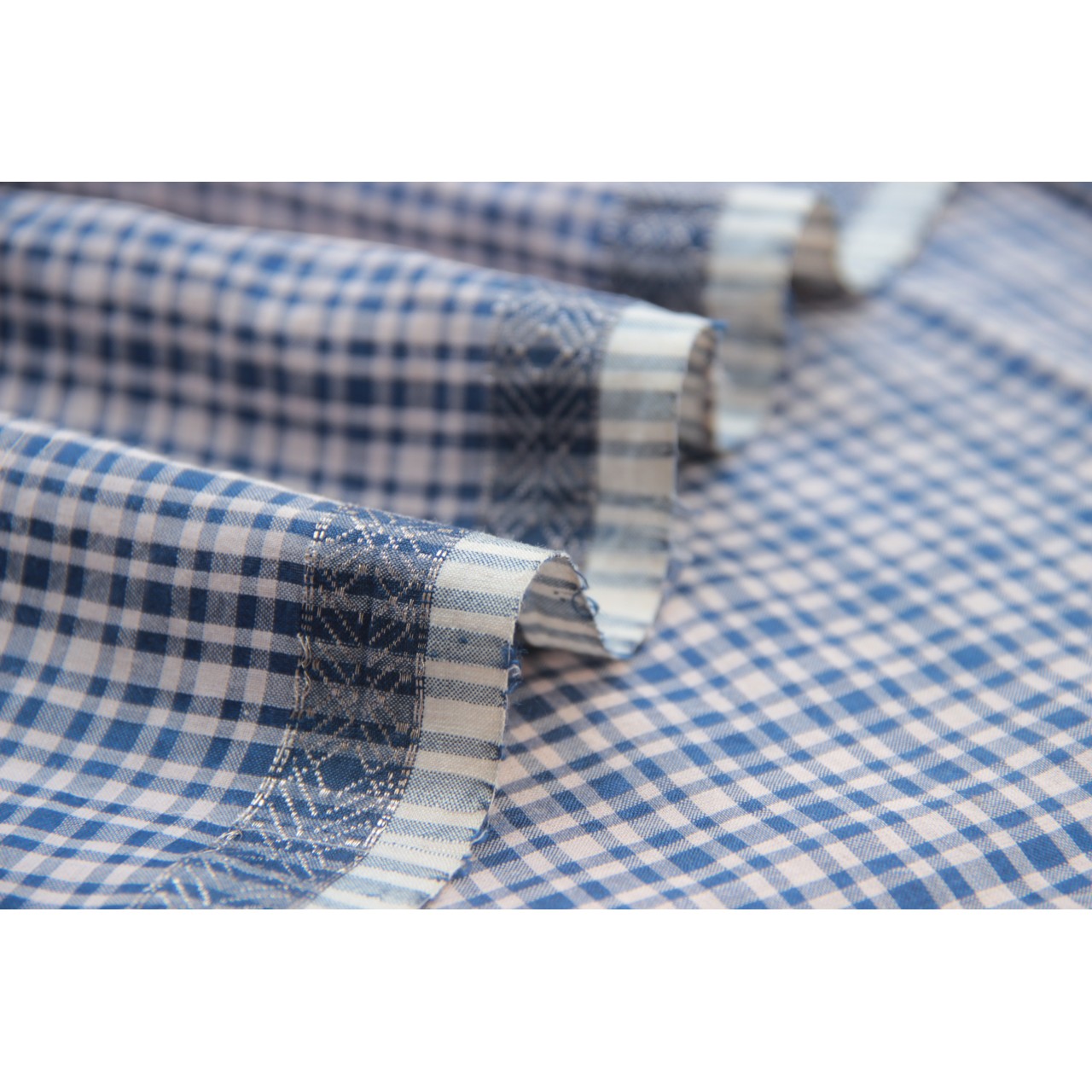 (138) Mulberry silk, cotton, zari Azo free dyed Maheshwari yardage with Dobby border - Pink, navy blue, horizontal stripes, vertical stripe, checks