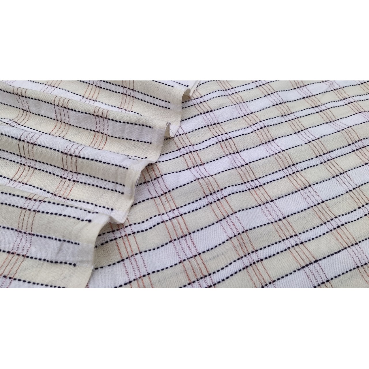 (173) Cotton Azo free dyed yardage with Extra weft from Dindori - Ivory, off white, horizontal stripes, vertical stripes, checks