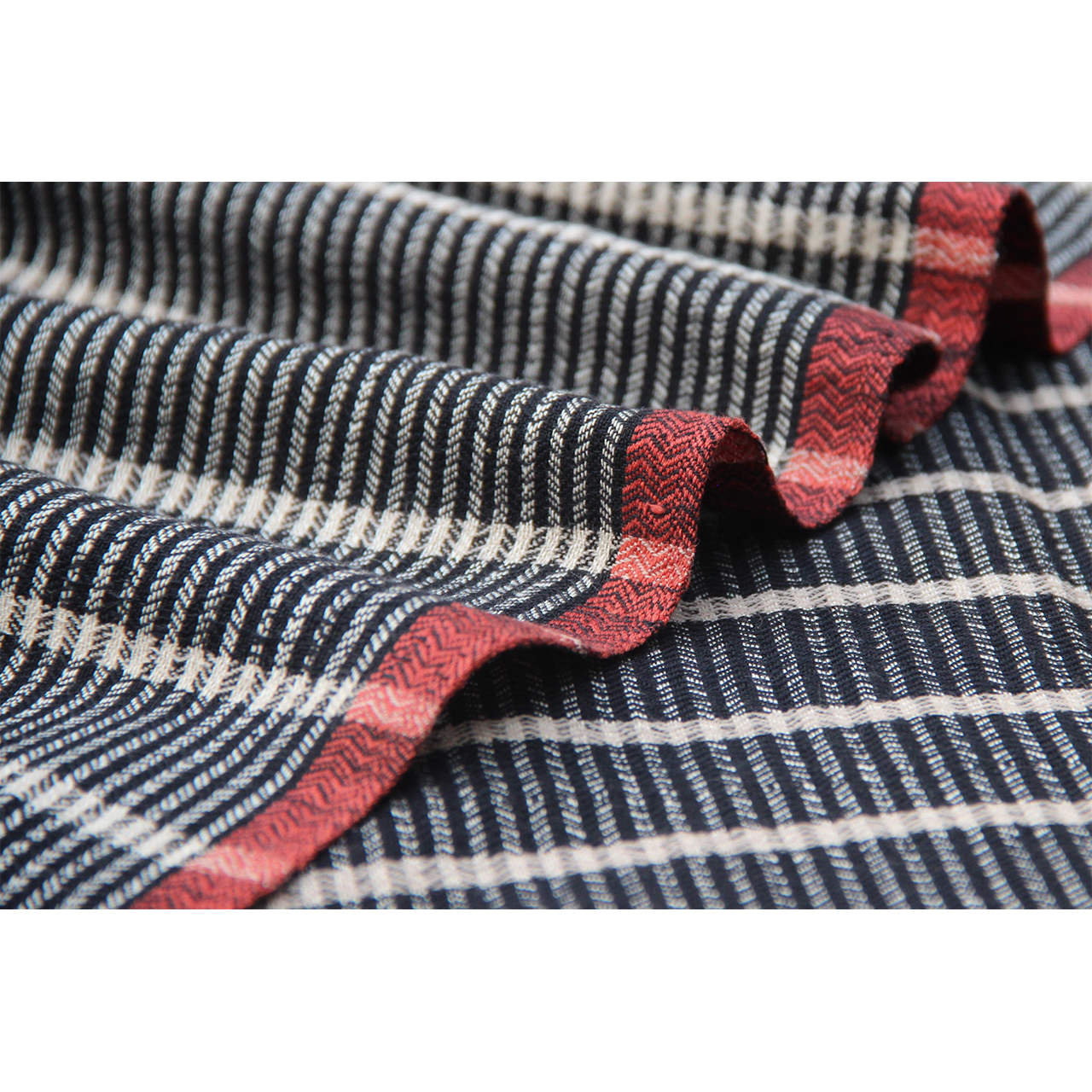 (346) Cotton, merino wool Azo-free dyed yardage from Arunachal Pradesh - Off white, black, vertical stripes, horizontal stripes, pointed twill