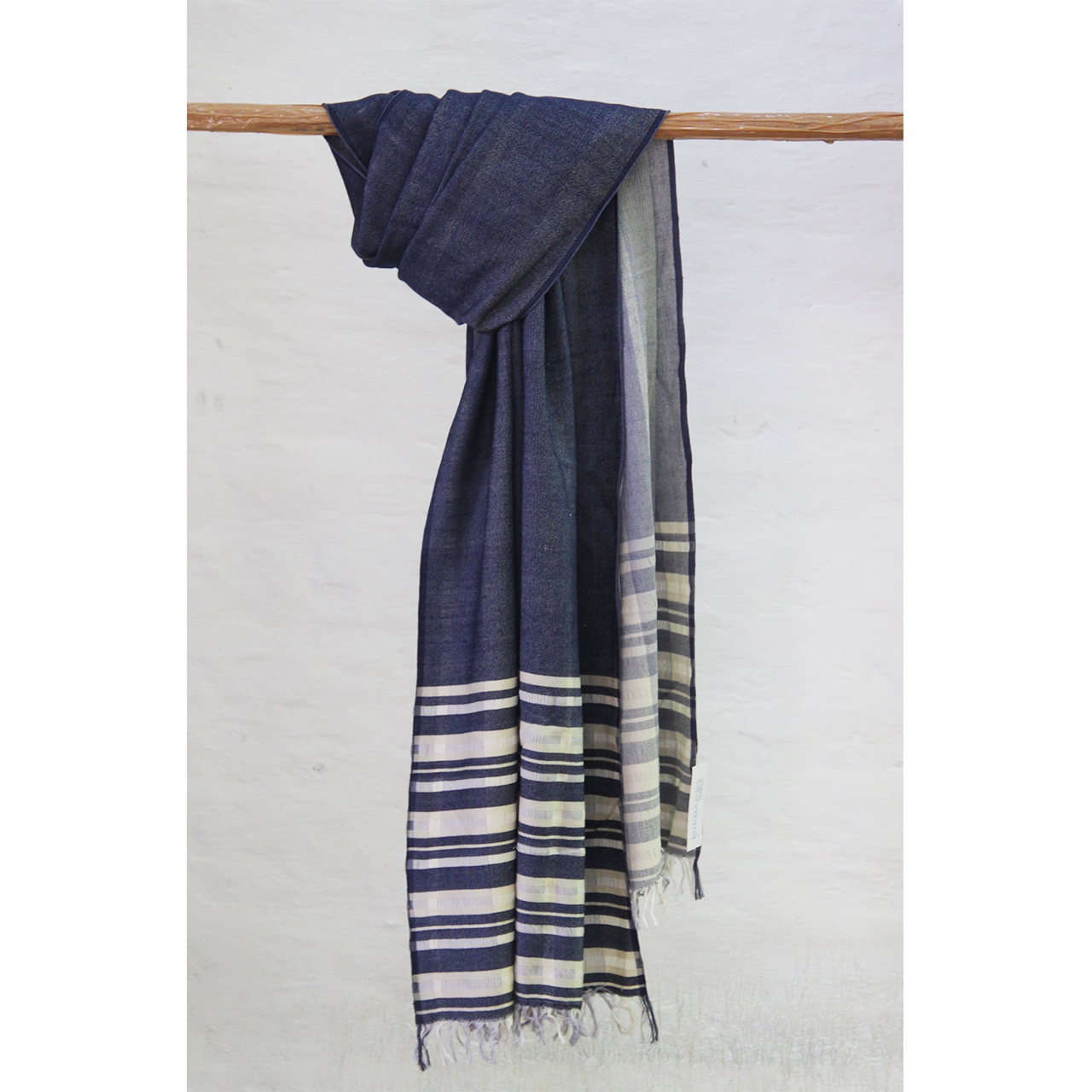 (347) Cotton, merino wool Azo-free dyed shawl from Uttarakhand - White, blue, horizontal stripes, twill, textured