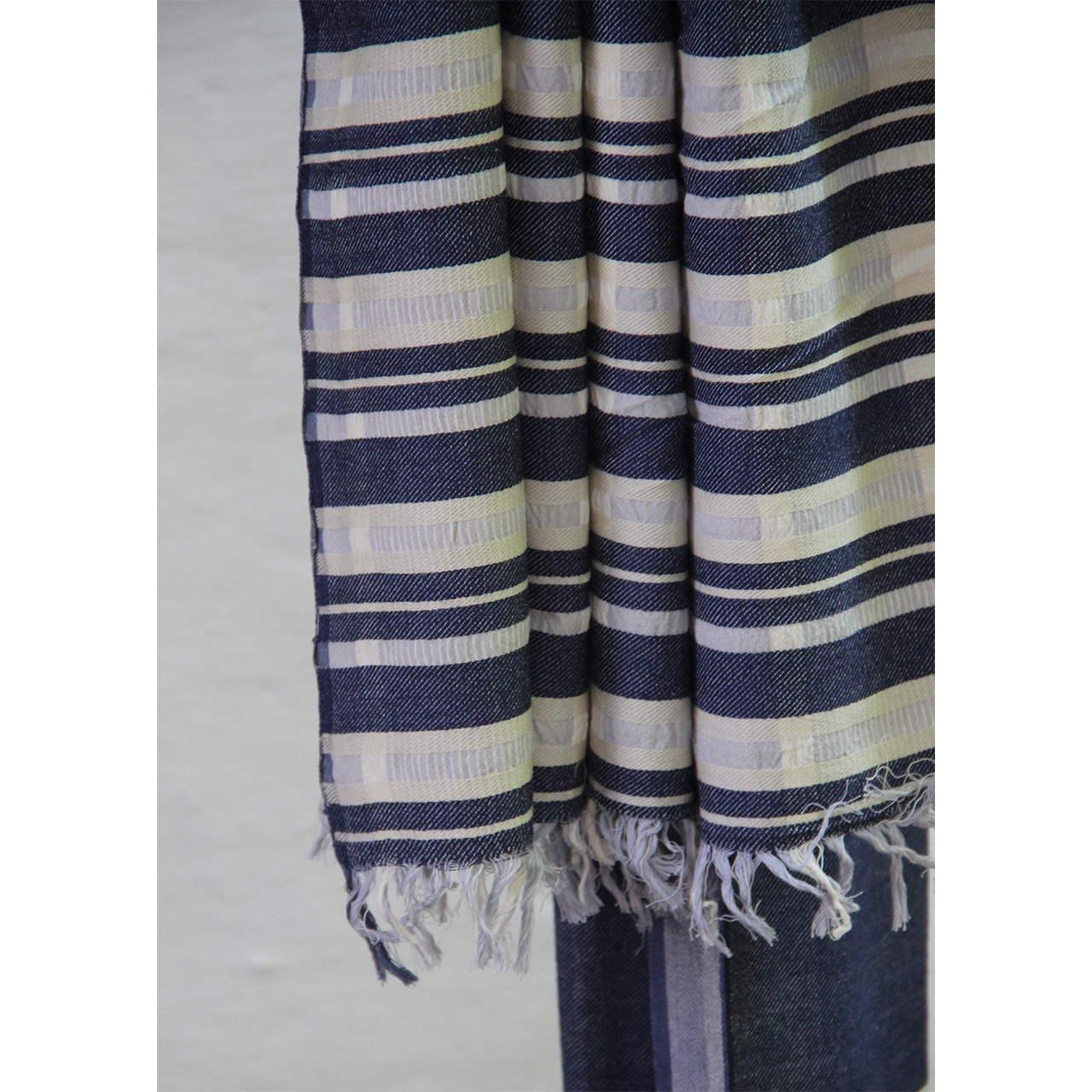 (347) Cotton, merino wool Azo-free dyed shawl from Uttarakhand - White, blue, horizontal stripes, twill, textured