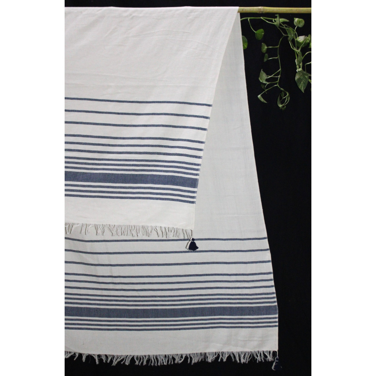 (1431) Cotton and khadi  Azo-free dyed throw from Bihar - White, indigo, stripes, textured, pompoms