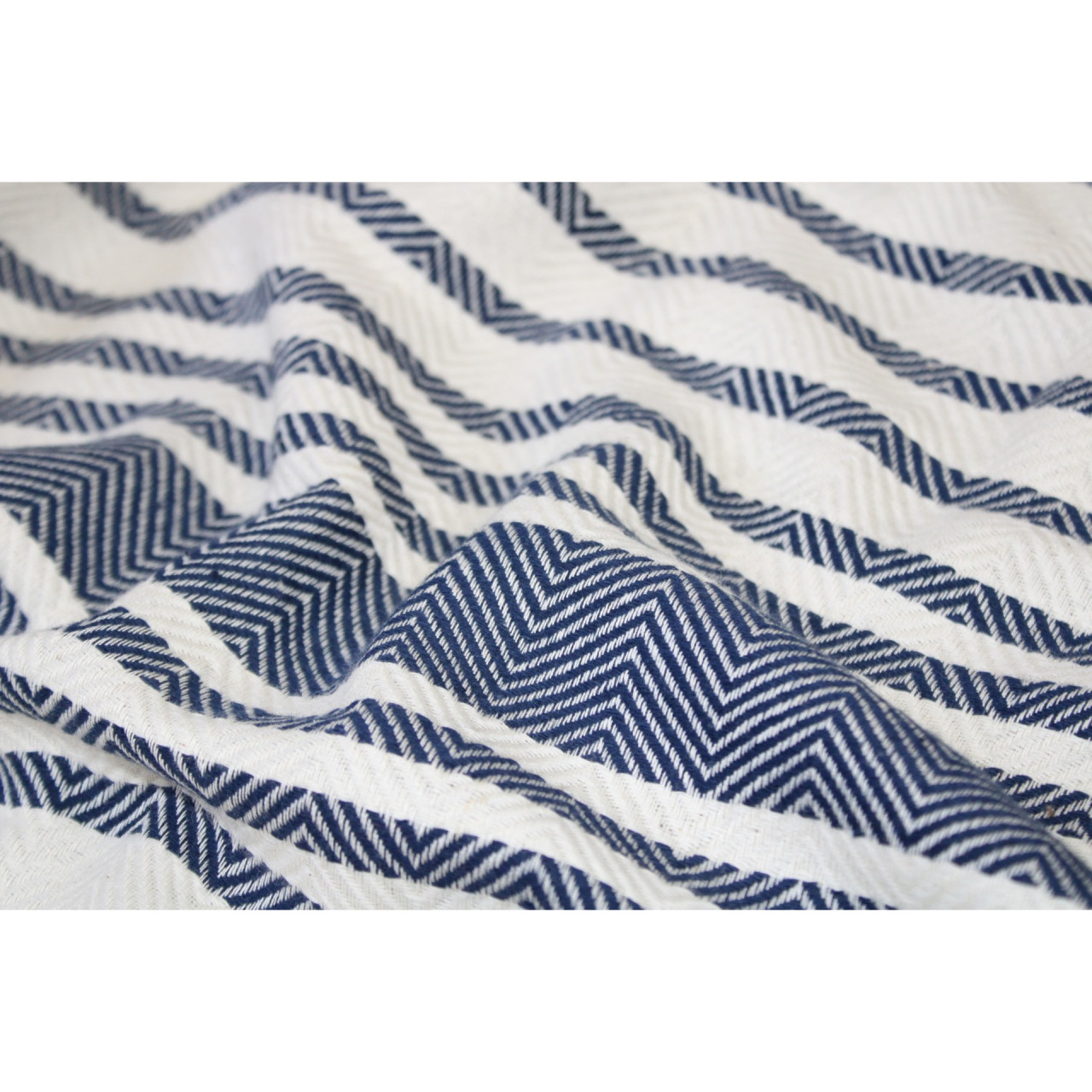 (1431) Cotton and khadi  Azo-free dyed throw from Bihar - White, indigo, stripes, textured, pompoms