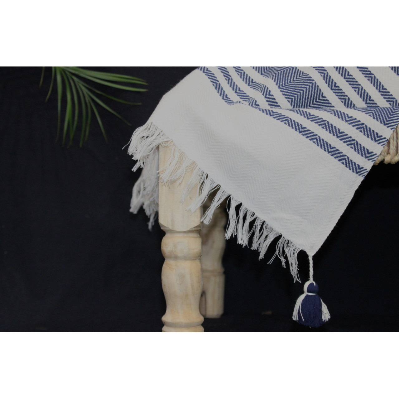 (1431) Cotton and khadi  Azo-free dyed throw from Bihar - White, indigo, stripes, textured, pompoms