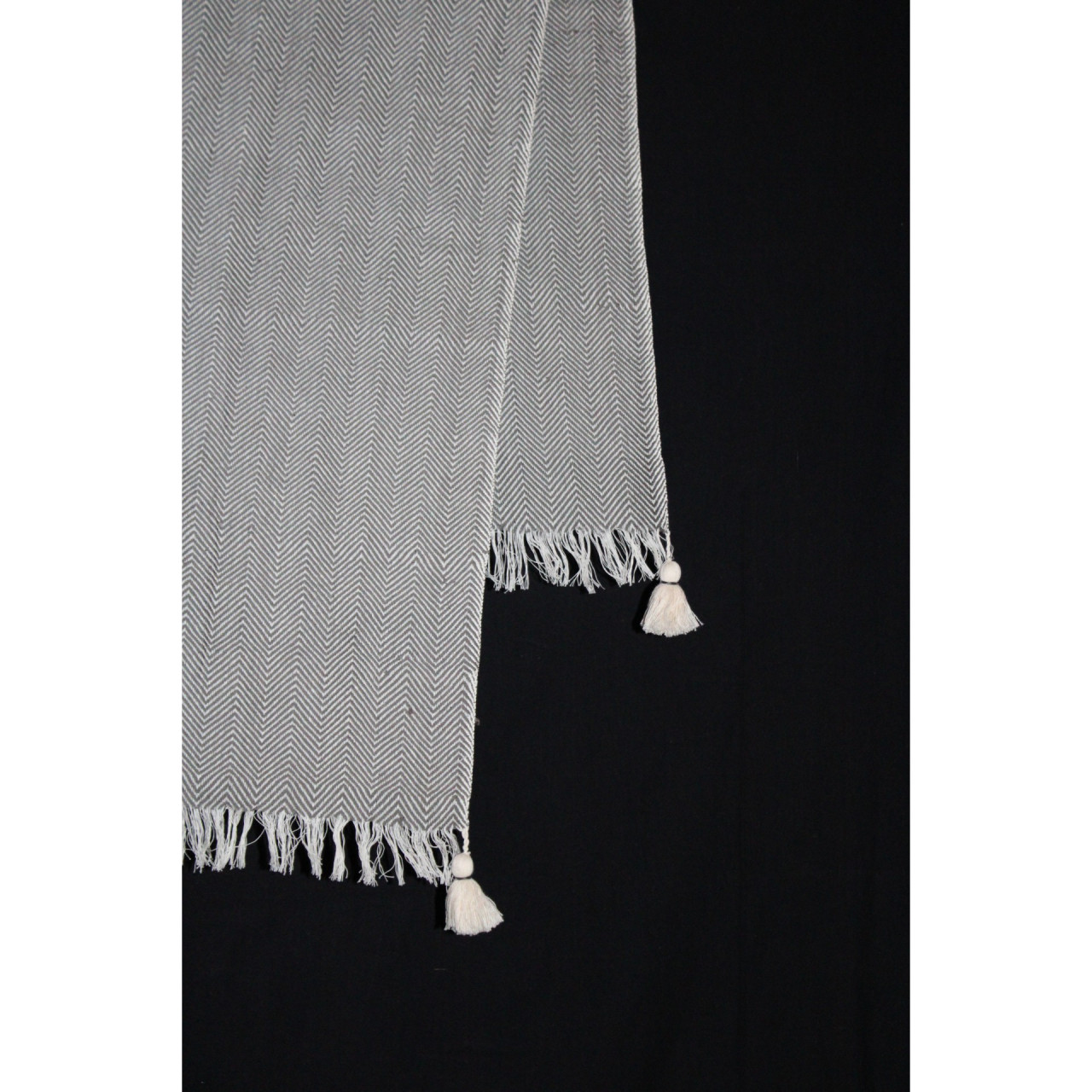 (1432) Cotton and khadi  Azo-free dyed throw from Bihar - Grey, white, pompoms, textured