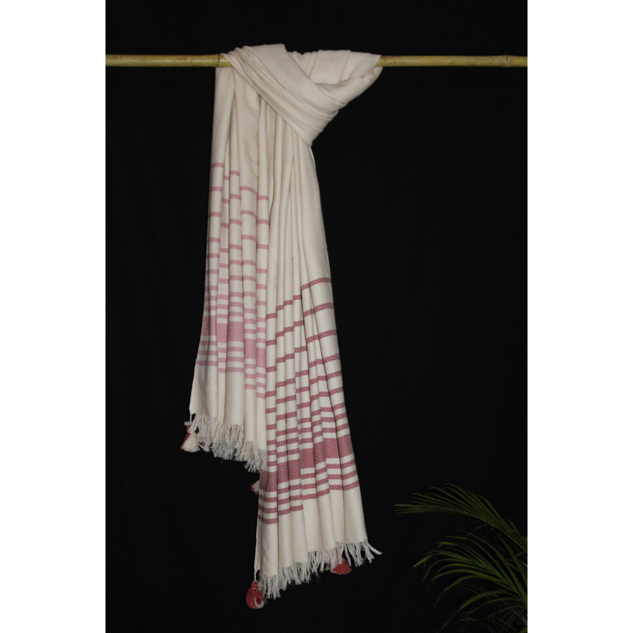 (1435) Cotton and khadi  Azo-free dyed throw from Bihar - White, pink, red, stripes, pompoms, textured
