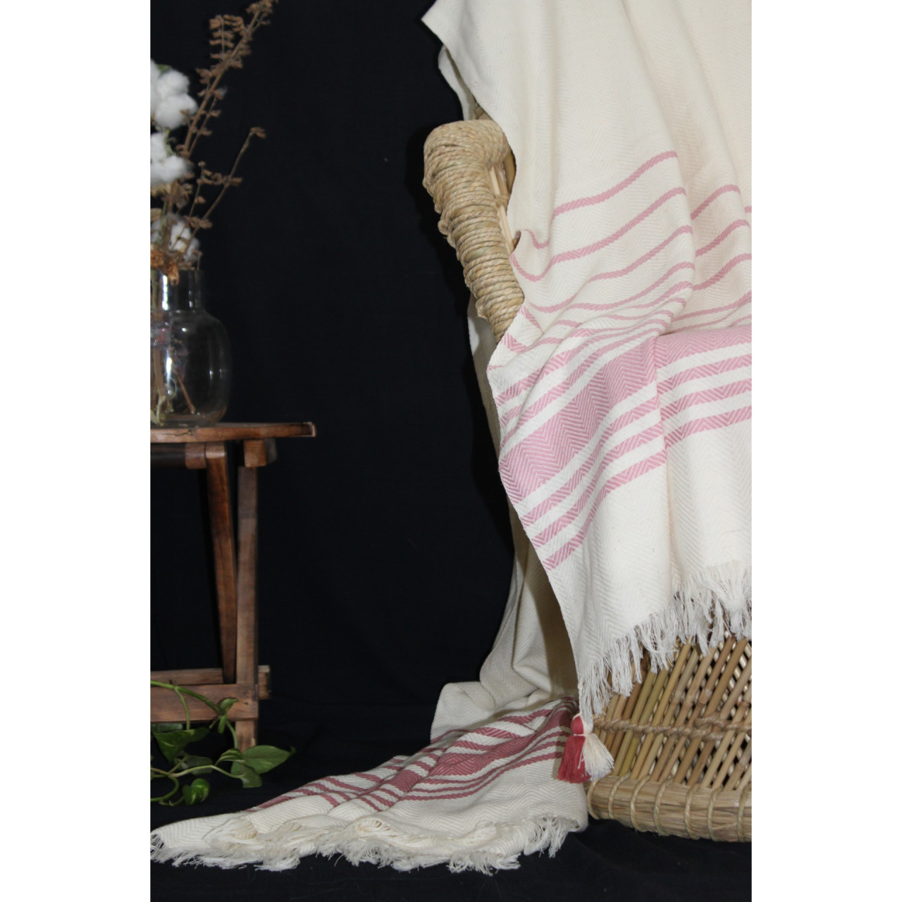 (1435) Cotton and khadi  Azo-free dyed throw from Bihar - White, pink, red, stripes, pompoms, textured