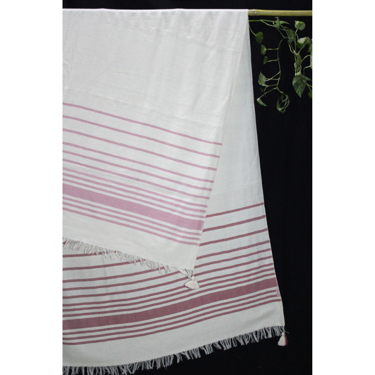 (1435) Cotton and khadi  Azo-free dyed throw from Bihar - White, pink, red, stripes, pompoms, textured
