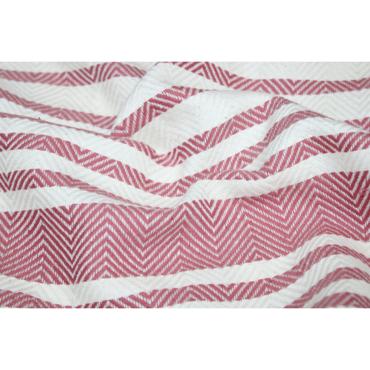 (1435) Cotton and khadi  Azo-free dyed throw from Bihar - White, pink, red, stripes, pompoms, textured