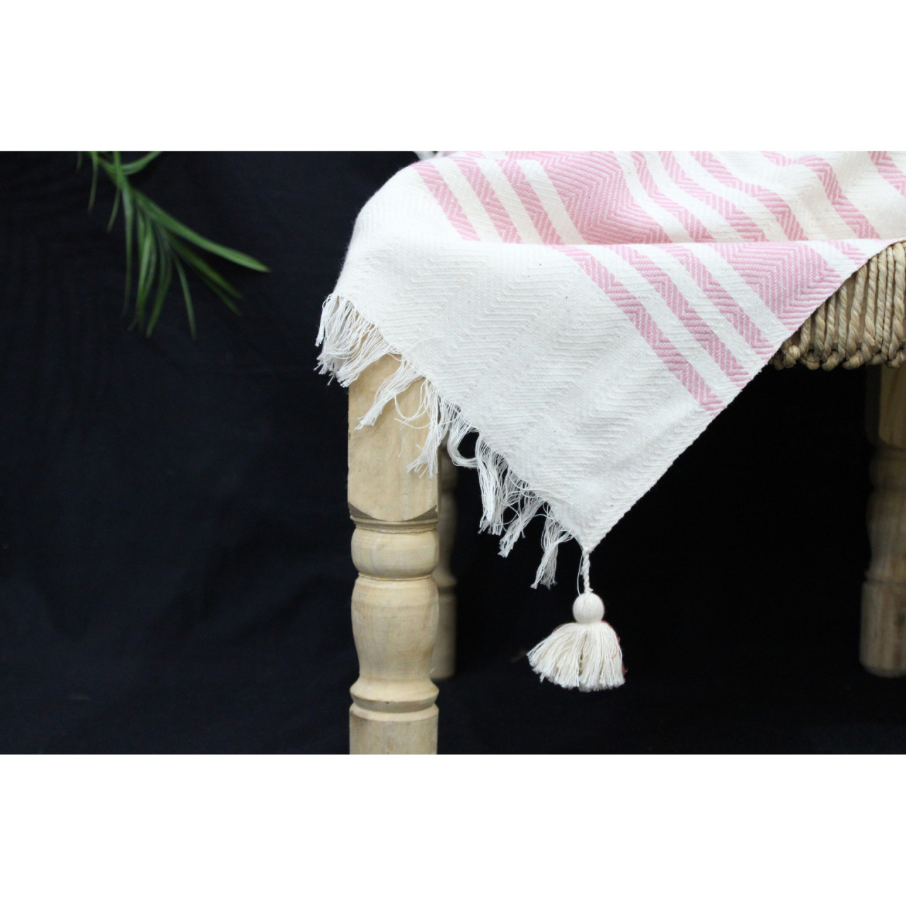 (1435) Cotton and khadi  Azo-free dyed throw from Bihar - White, pink, red, stripes, pompoms, textured