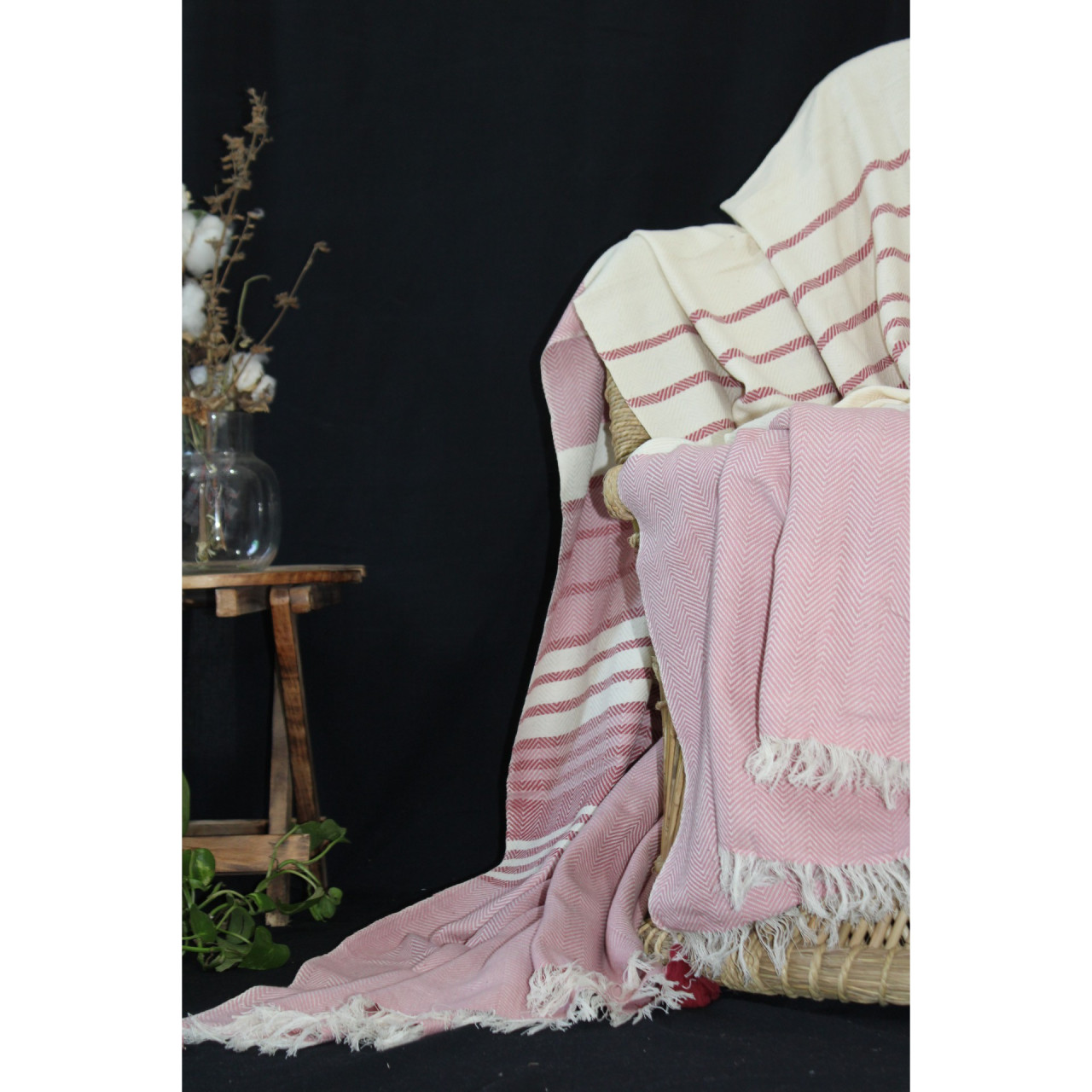 (1436) Cotton and khadi  Azo-free dyed throw from Bihar - White, pink, red, stripes, textured