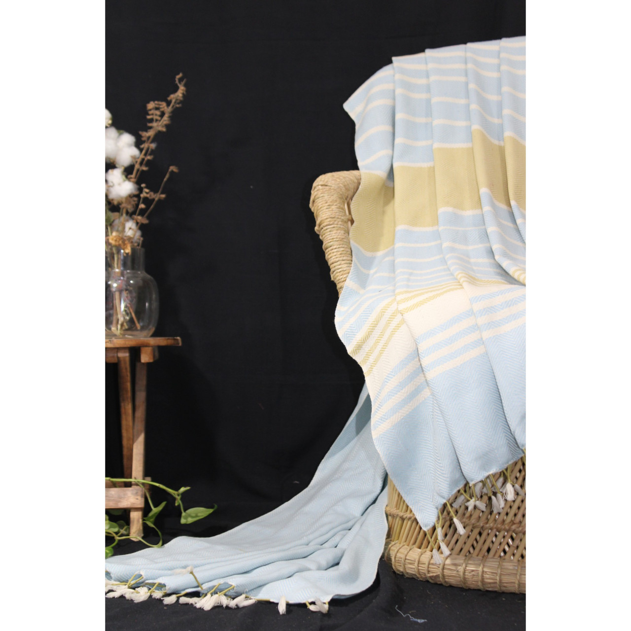 (1438) Cotton and khadi  Azo-free dyed throw from Bihar - White, sky blue, mustard, stripes, textured, piped fringes