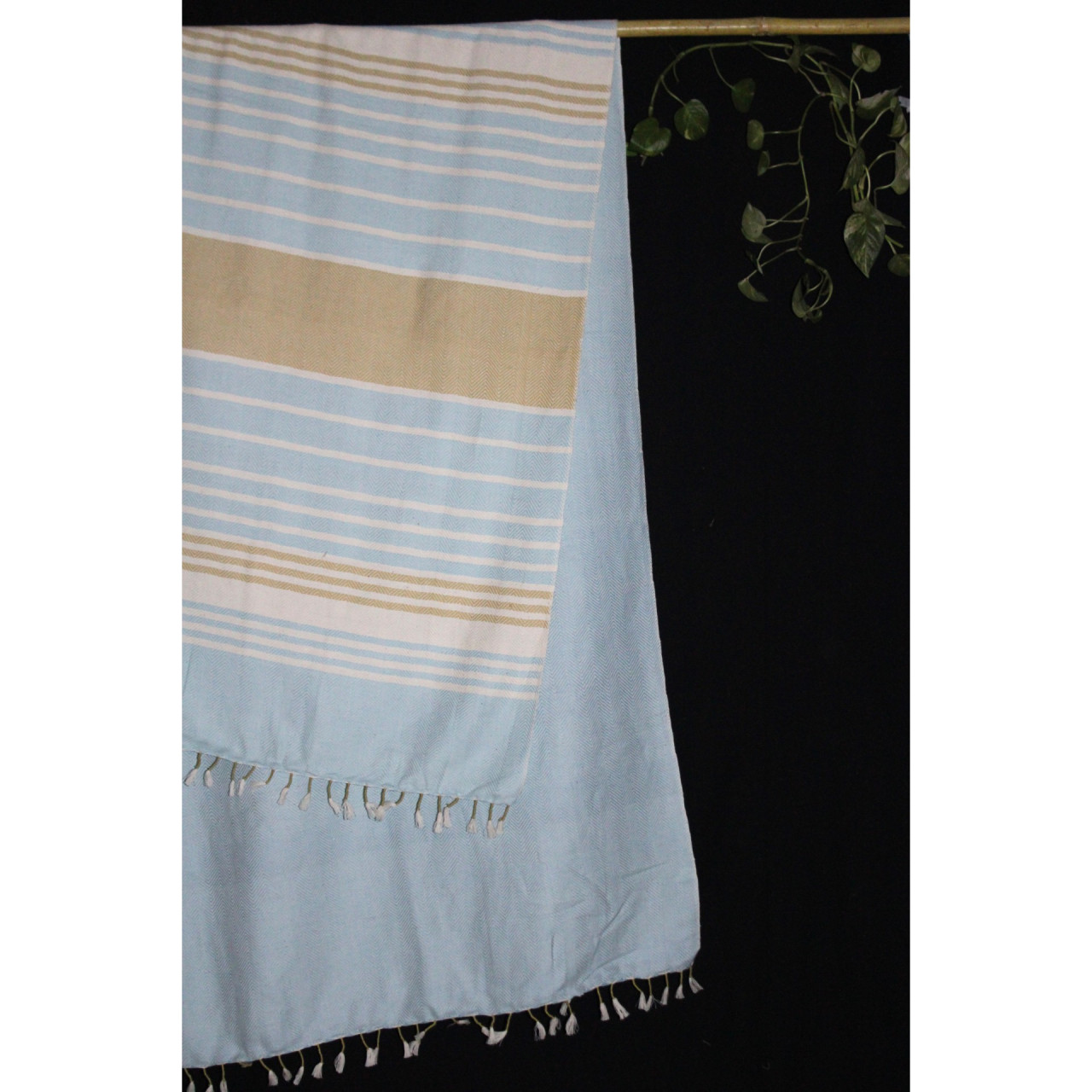 (1438) Cotton and khadi  Azo-free dyed throw from Bihar - White, sky blue, mustard, stripes, textured, piped fringes