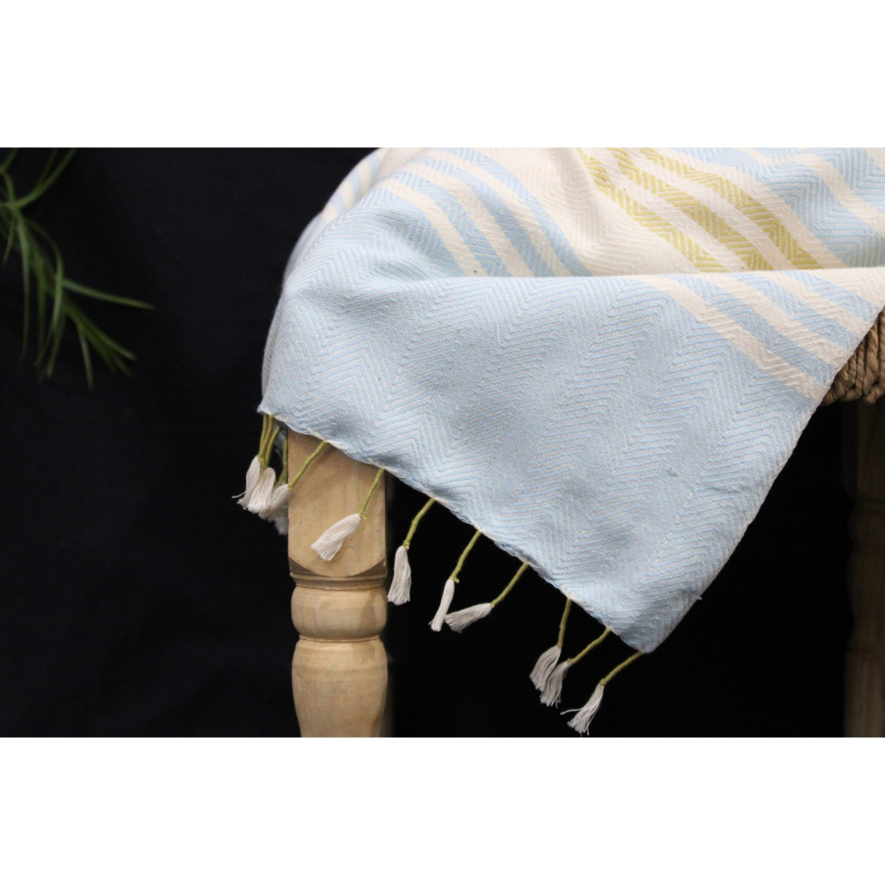 (1438) Cotton and khadi  Azo-free dyed throw from Bihar - White, sky blue, mustard, stripes, textured, piped fringes