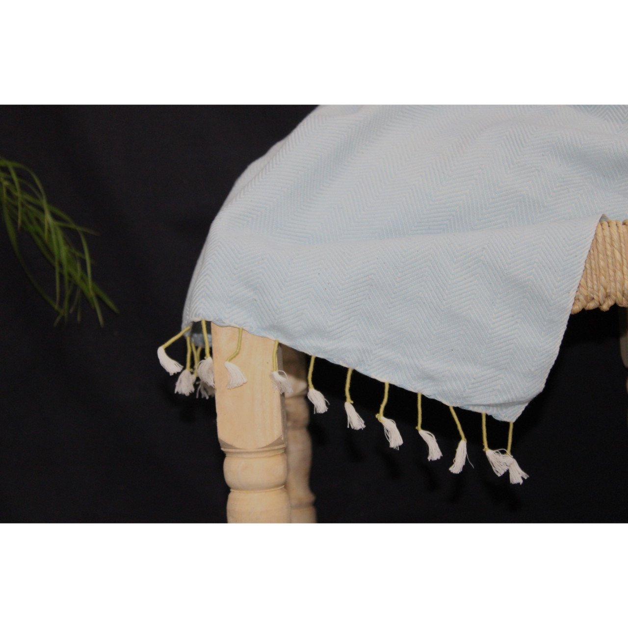 (1439) Cotton and khadi  Azo-free dyed throw from Bihar - Sky blue, piped fringes, textured, white