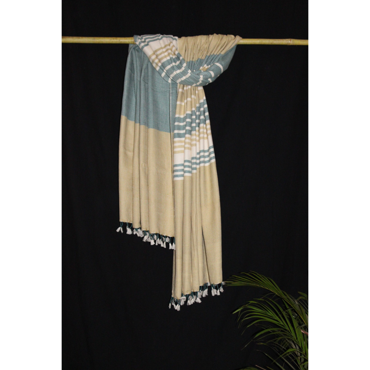 (1442) Cotton and khadi  Azo-free dyed throw from Bihar - Mustard yellow, green, stripes, piped fringes, white