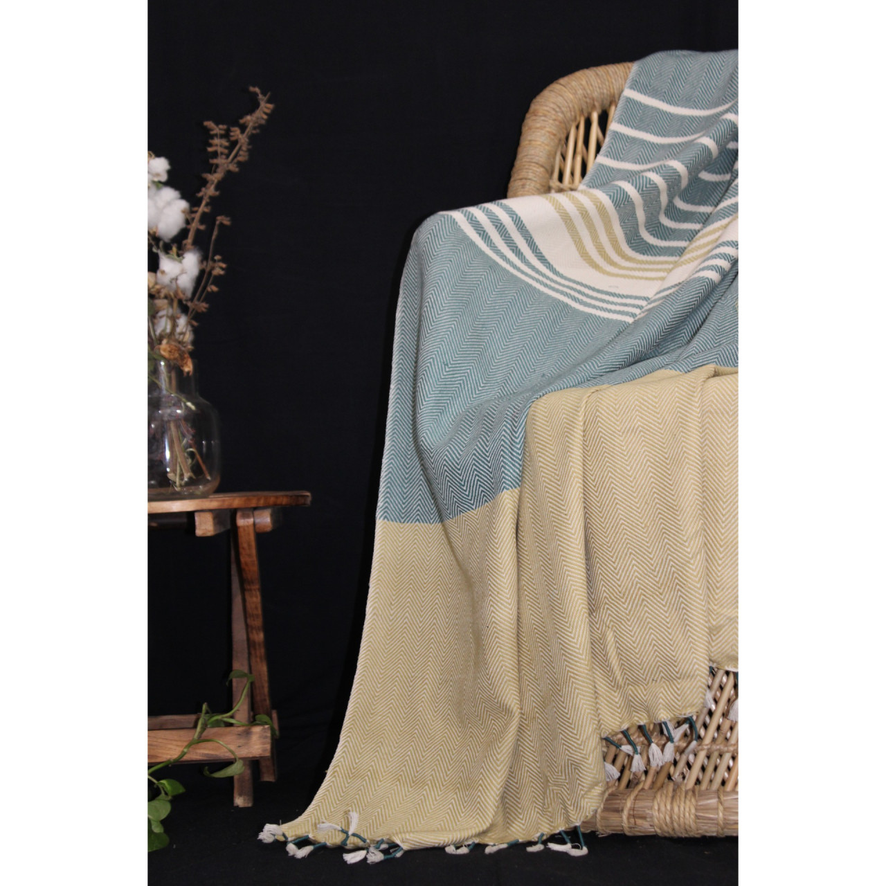(1442) Cotton and khadi  Azo-free dyed throw from Bihar - Mustard yellow, green, stripes, piped fringes, white