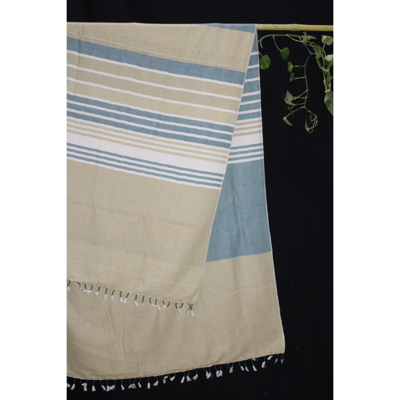 (1442) Cotton and khadi  Azo-free dyed throw from Bihar - Mustard yellow, green, stripes, piped fringes, white
