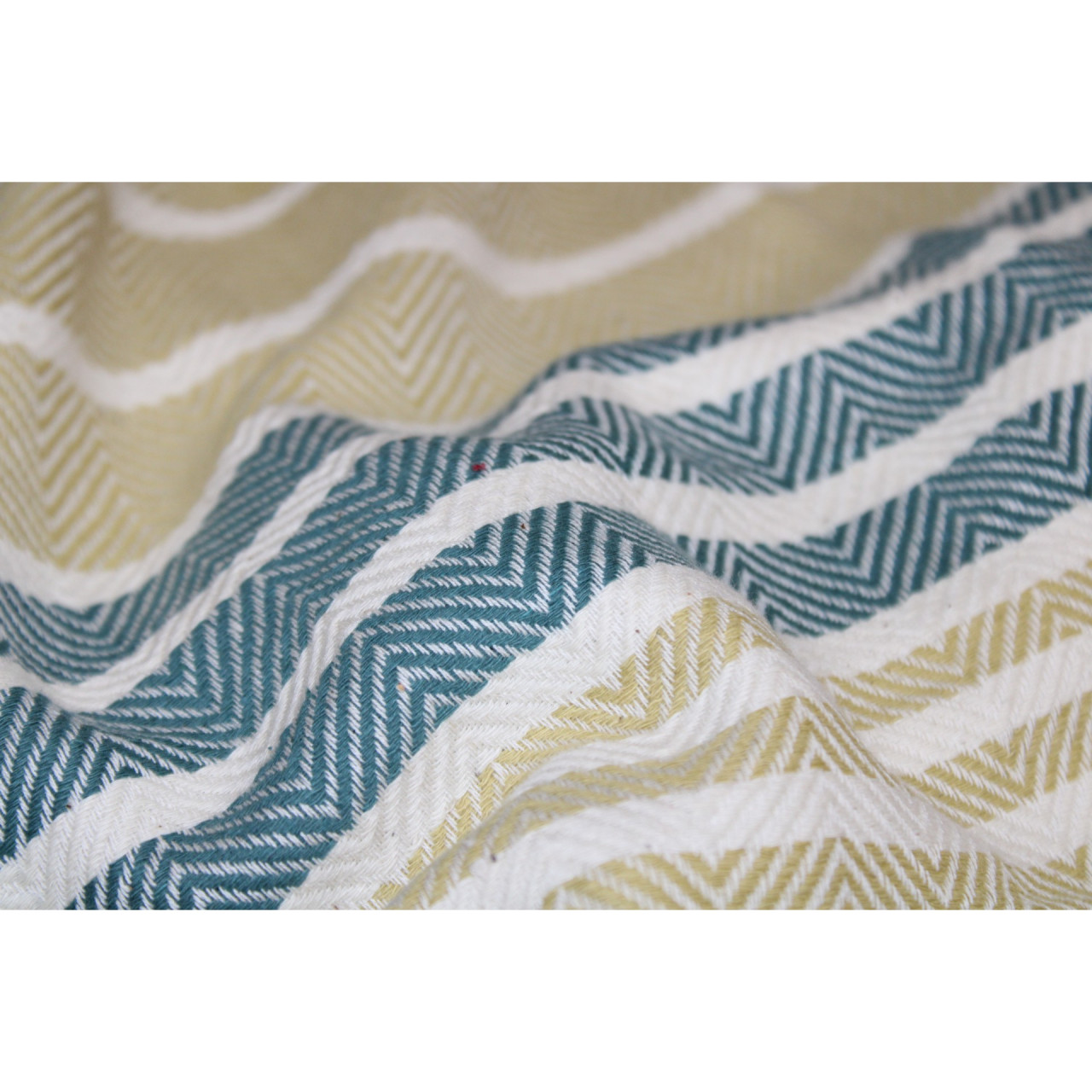 (1442) Cotton and khadi  Azo-free dyed throw from Bihar - Mustard yellow, green, stripes, piped fringes, white
