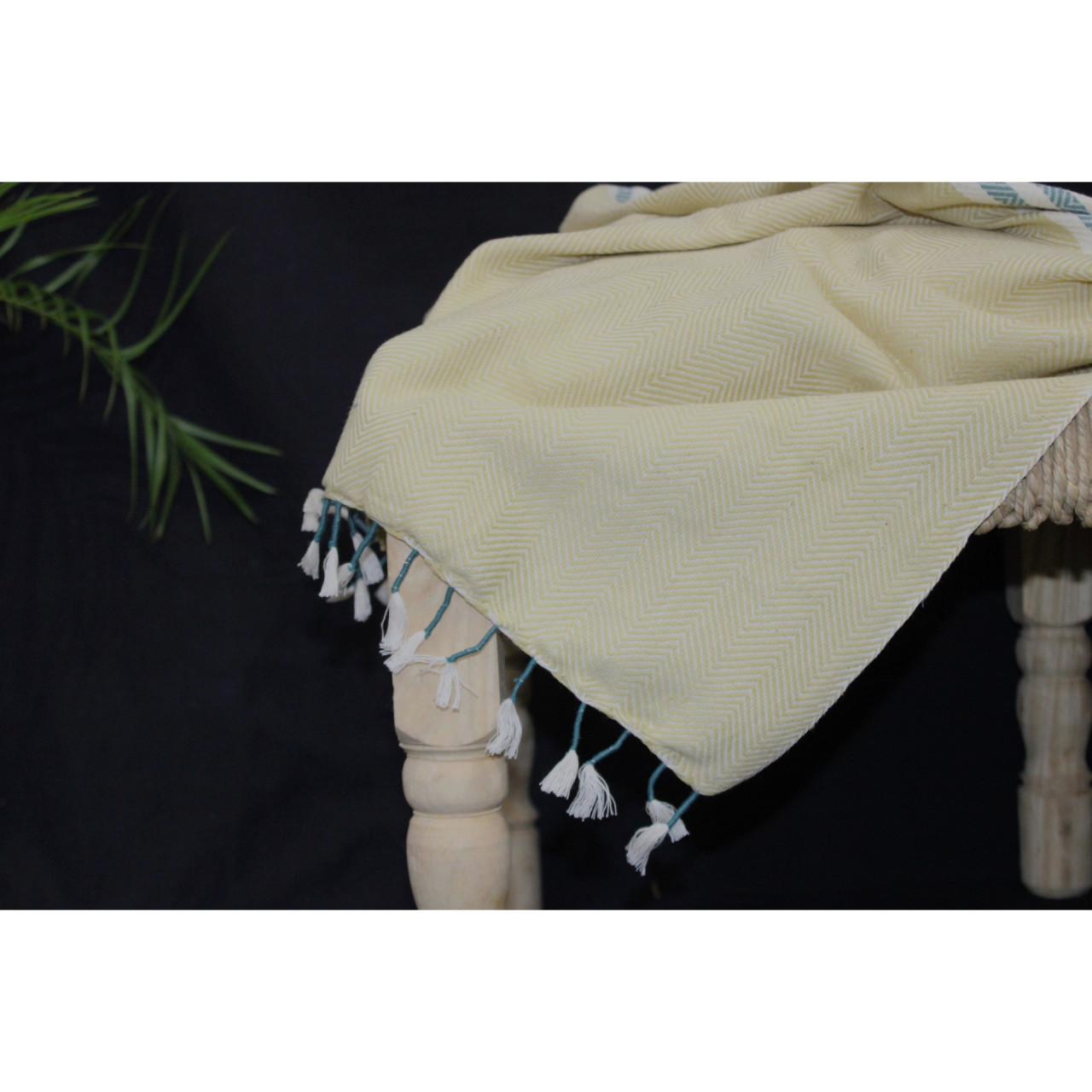 (1442) Cotton and khadi  Azo-free dyed throw from Bihar - Mustard yellow, green, stripes, piped fringes, white