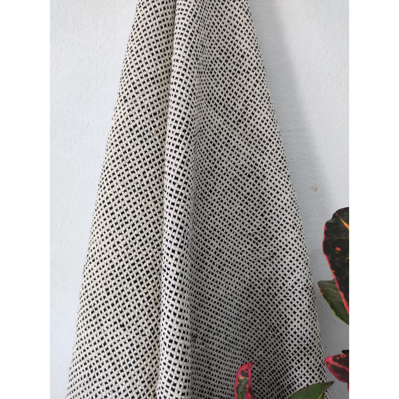 (44) Handspun silk noil Azo-free dyed yardage from Bihar - Textured, checks, black, white, kora