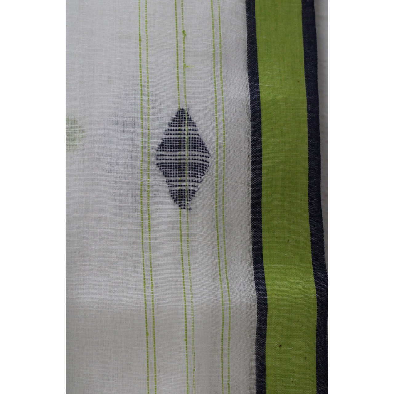 (1128) Cotton Azo-free dyed Jamdani sari from Burdwan with cotton motifs - White, sea green, indigo
