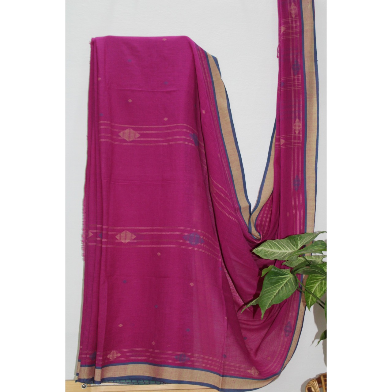 (1129) Cotton Azo-free dyed Jamdani sari from Burdwan with cotton motifs - Pink, indigo, light yellow