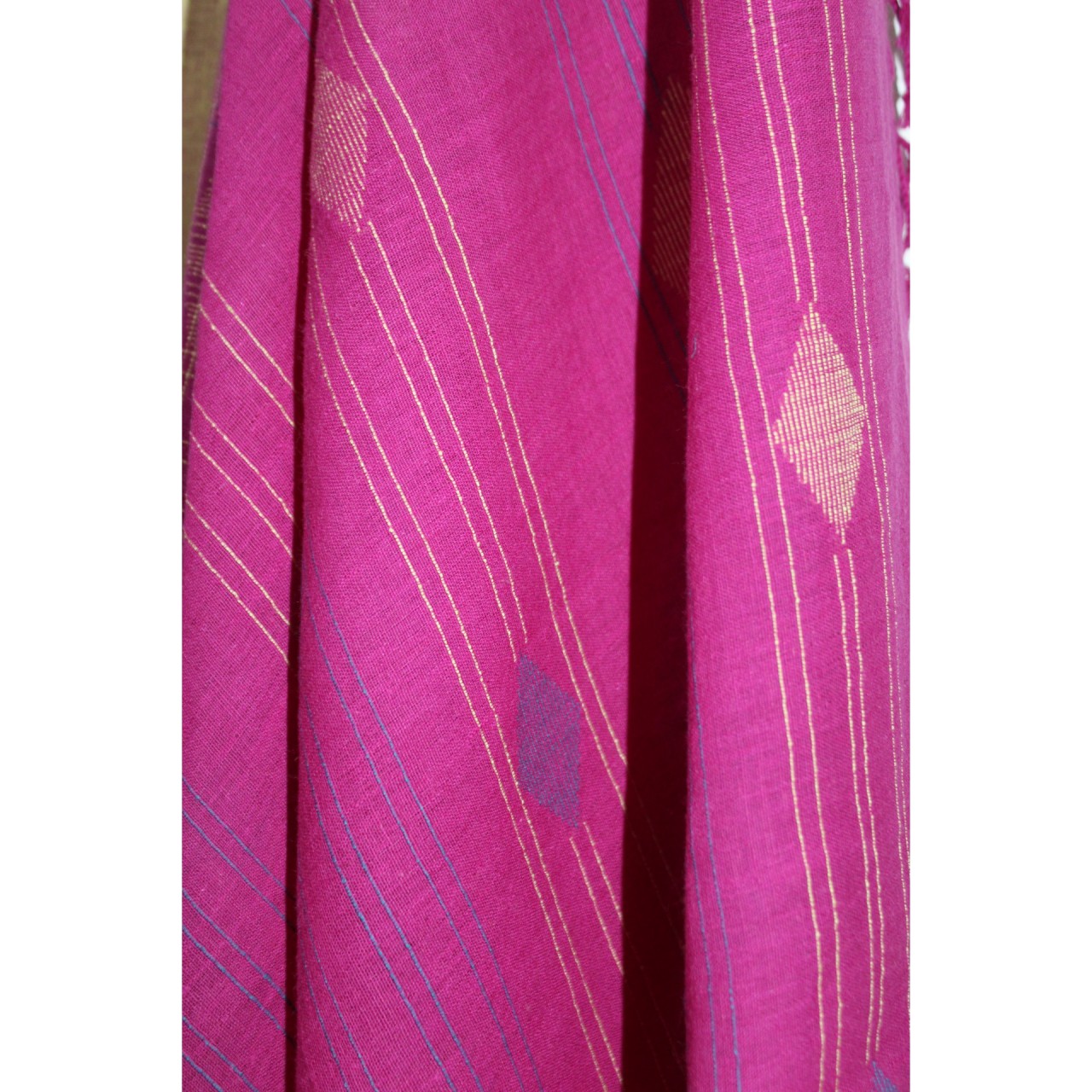 (1129) Cotton Azo-free dyed Jamdani sari from Burdwan with cotton motifs - Pink, indigo, light yellow