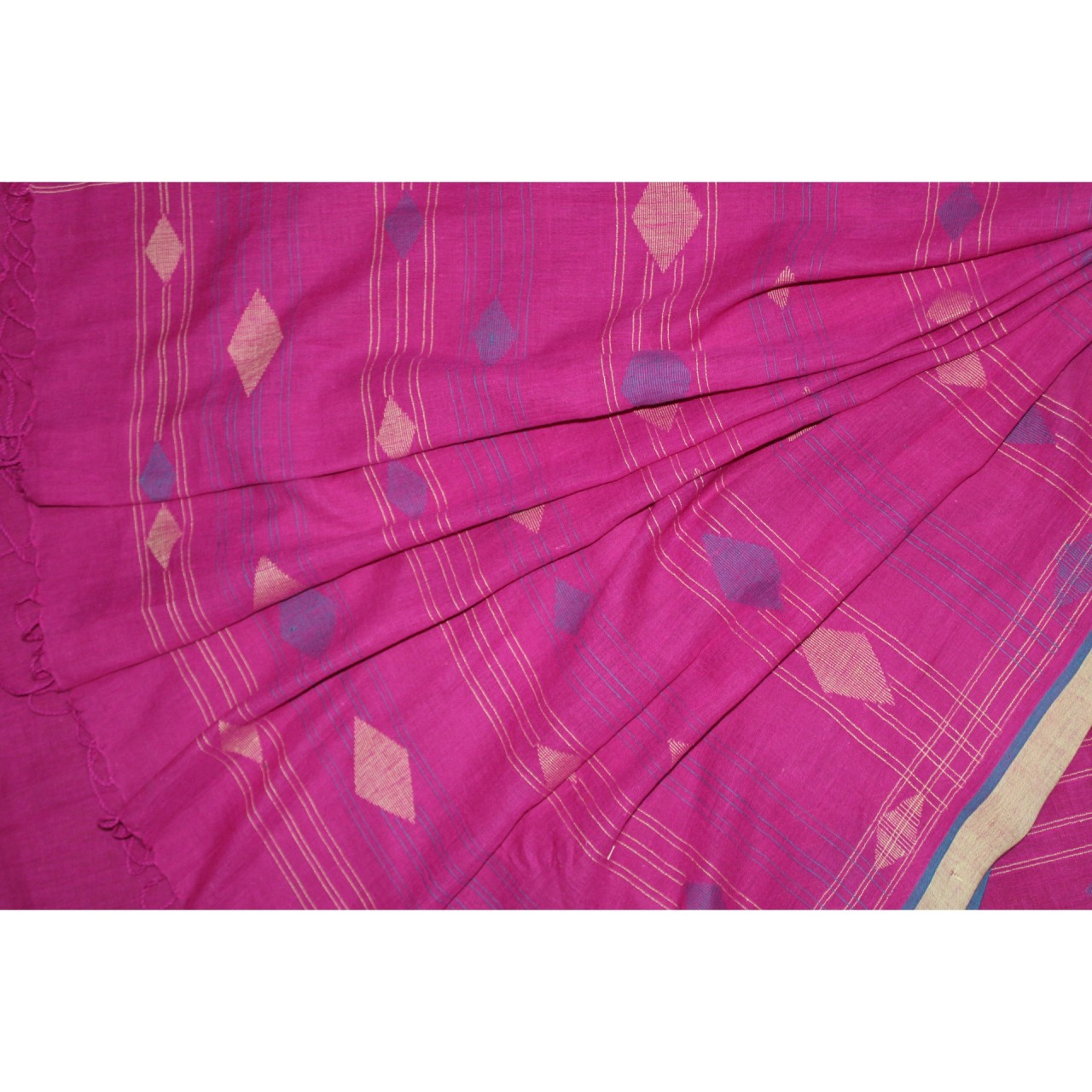 (1129) Cotton Azo-free dyed Jamdani sari from Burdwan with cotton motifs - Pink, indigo, light yellow