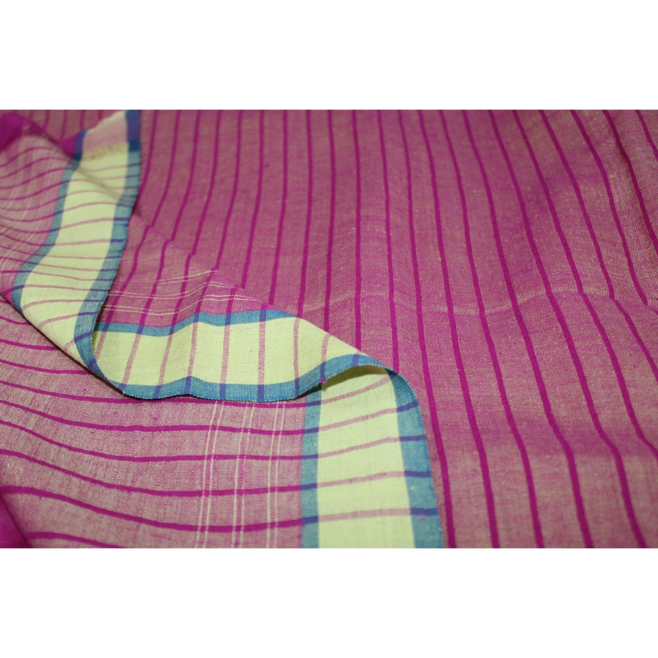(1129) Cotton Azo-free dyed Jamdani sari from Burdwan with cotton motifs - Pink, indigo, light yellow
