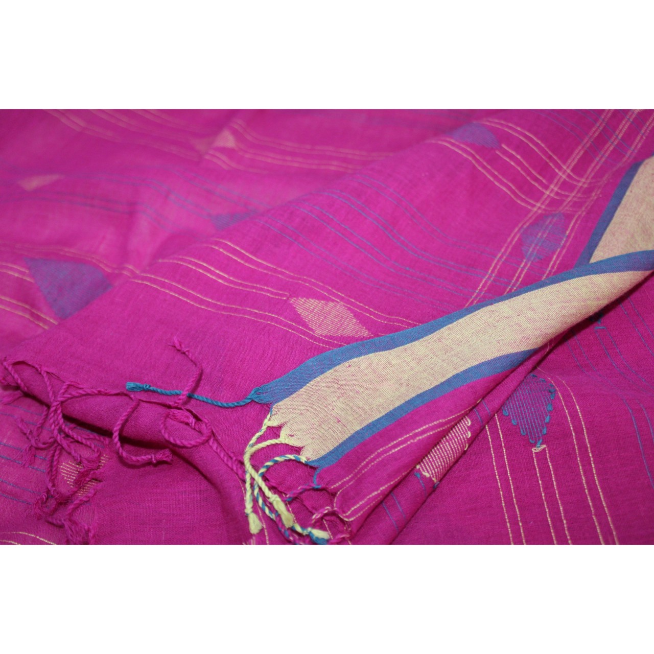 (1129) Cotton Azo-free dyed Jamdani sari from Burdwan with cotton motifs - Pink, indigo, light yellow