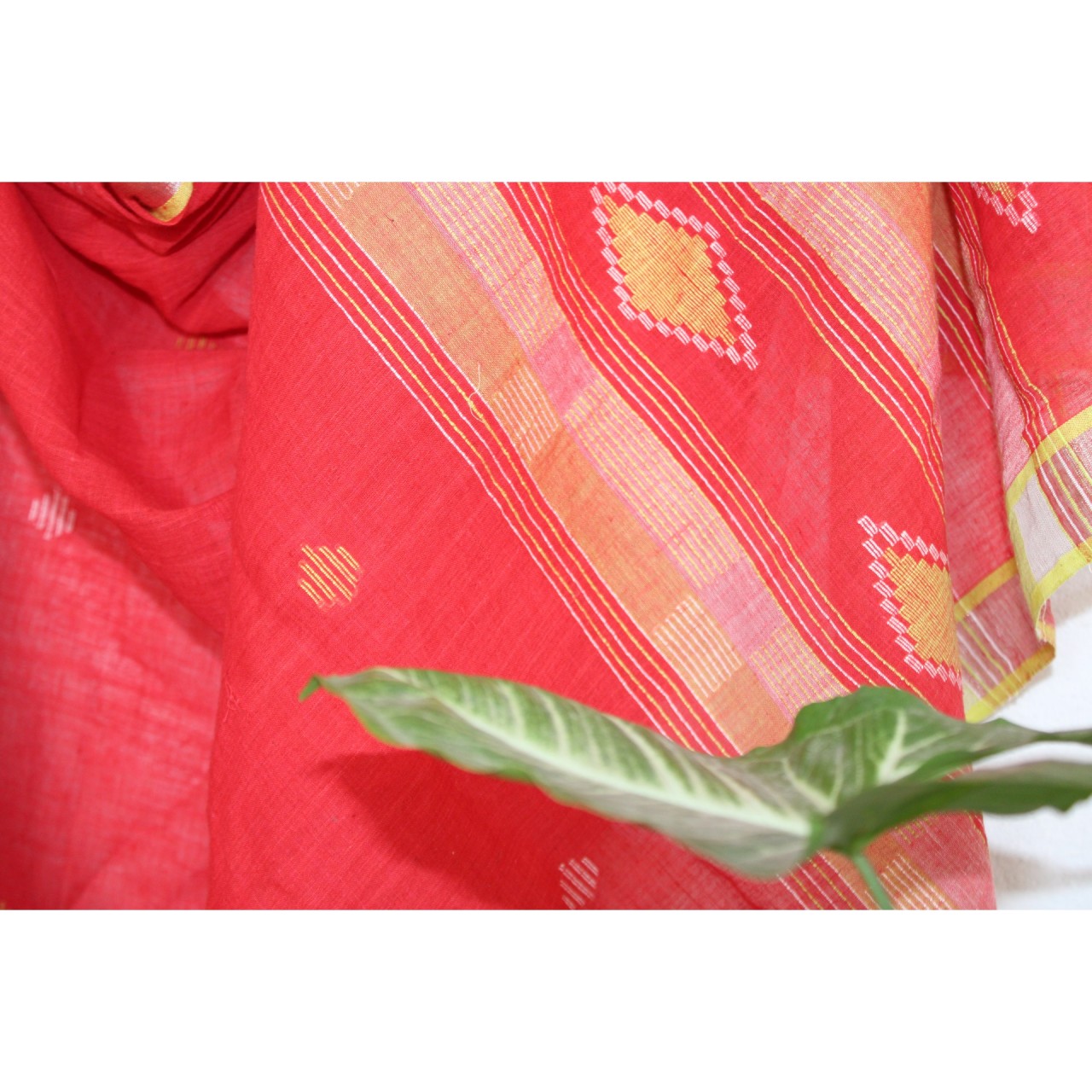 (1130) Cotton Azo-free dyed Jamdani sari from Burdwan with cotton motifs - Cherry red, yellow, orange, kora
