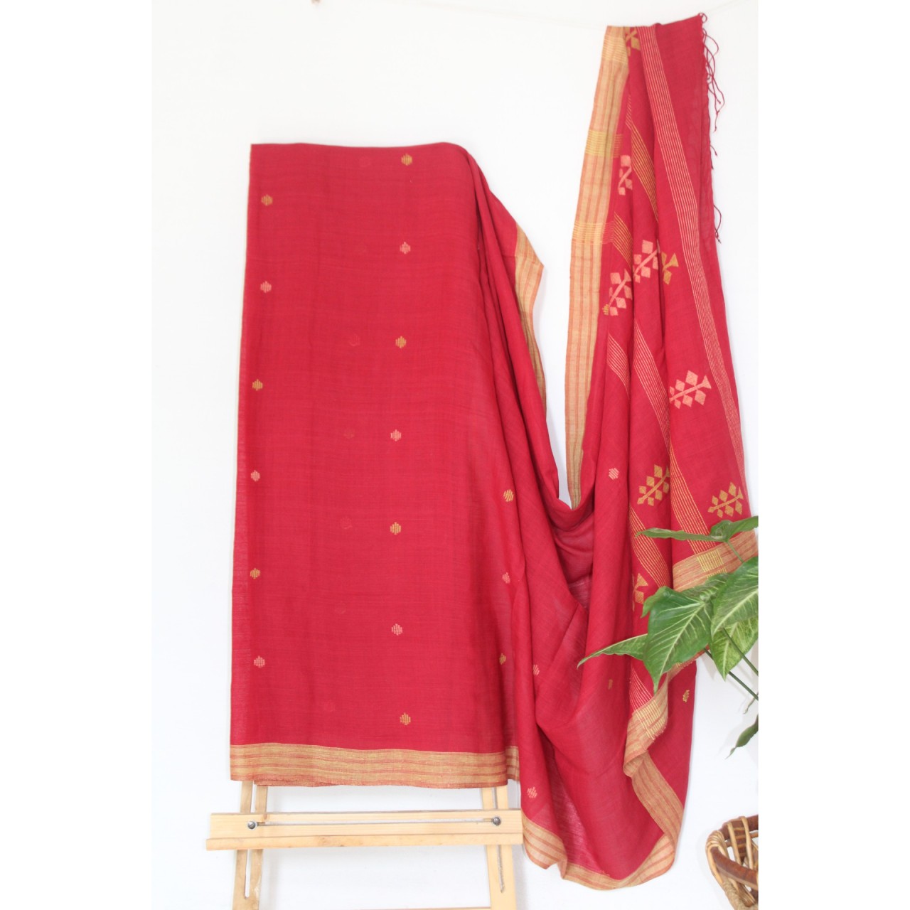 (1130) Cotton Azo-free dyed Jamdani sari from Burdwan with cotton motifs - Cherry red, yellow, orange, kora