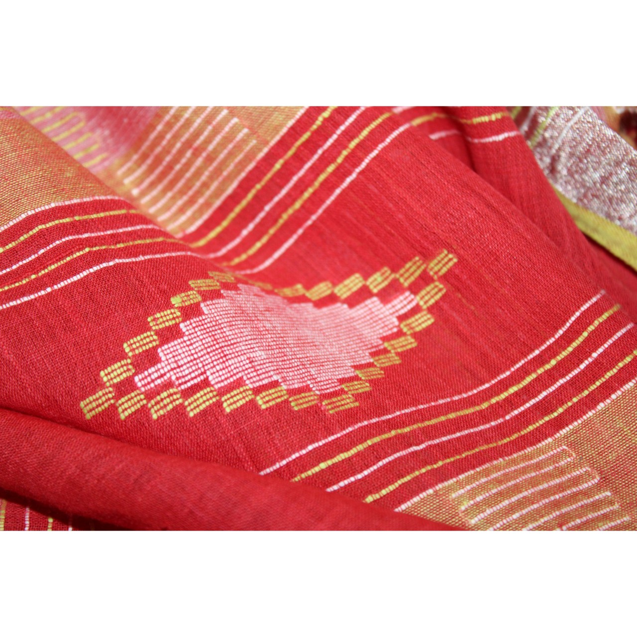 (1130) Cotton Azo-free dyed Jamdani sari from Burdwan with cotton motifs - Cherry red, yellow, orange, kora