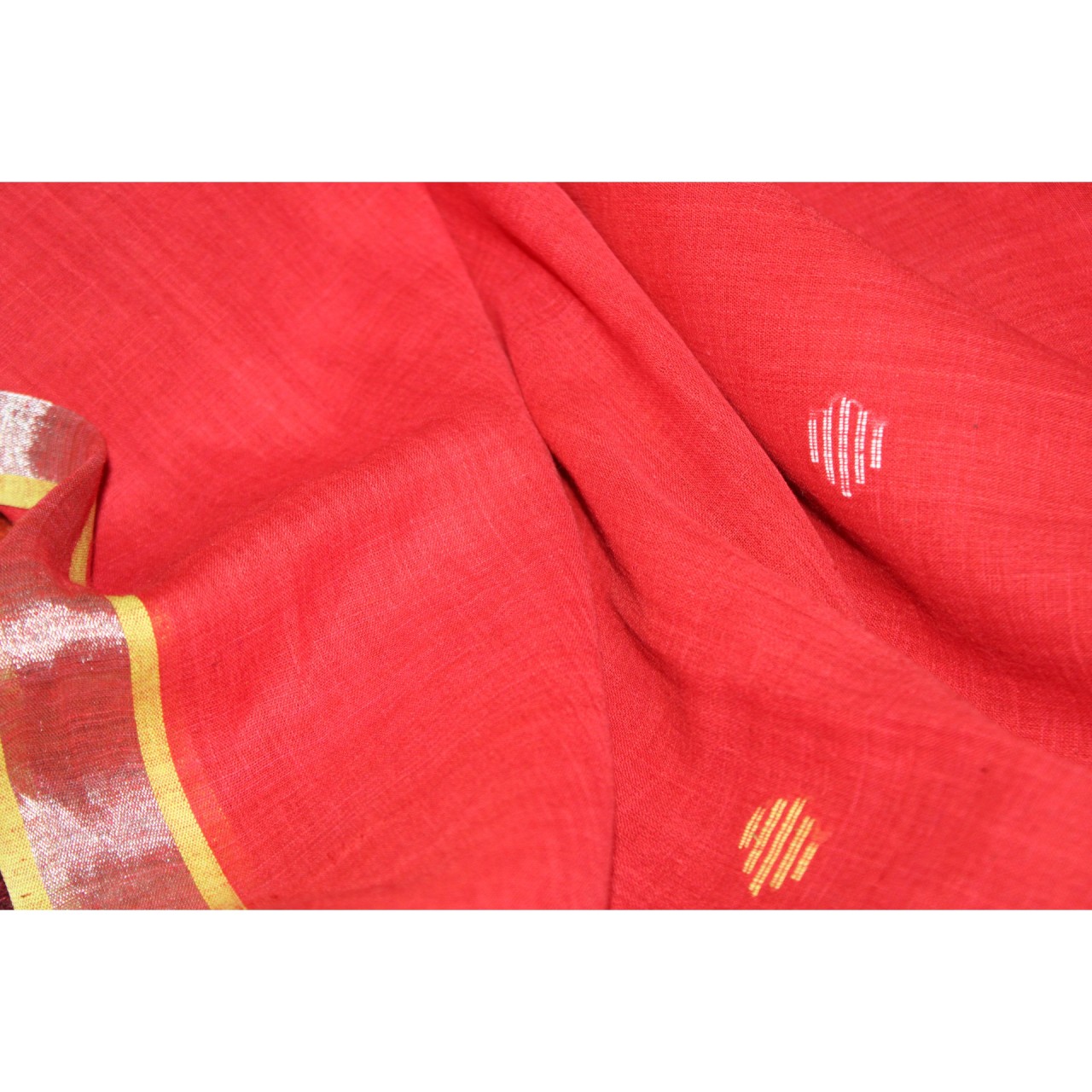 (1130) Cotton Azo-free dyed Jamdani sari from Burdwan with cotton motifs - Cherry red, yellow, orange, kora