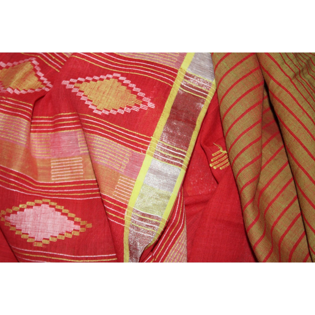 (1130) Cotton Azo-free dyed Jamdani sari from Burdwan with cotton motifs - Cherry red, yellow, orange, kora