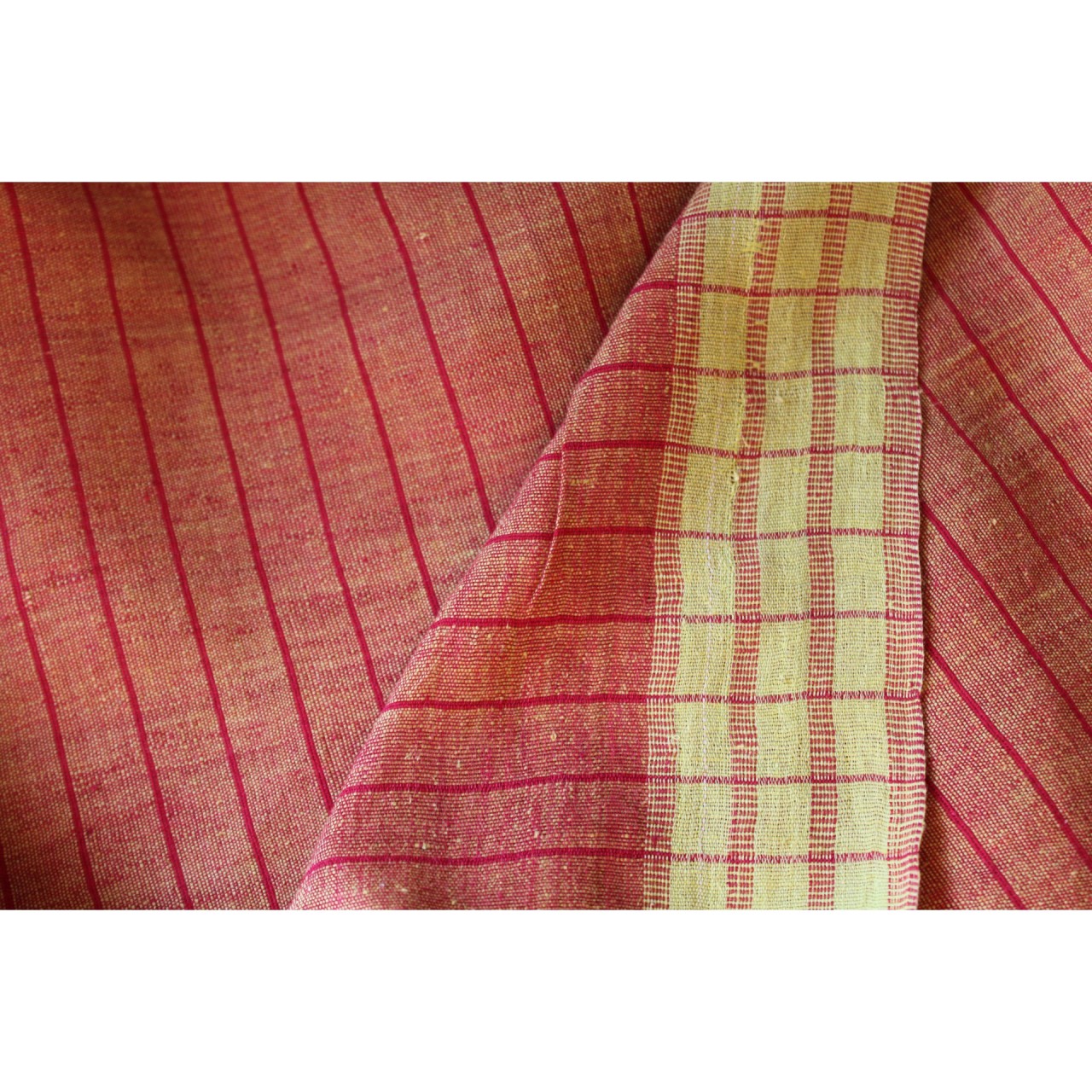 (1130) Cotton Azo-free dyed Jamdani sari from Burdwan with cotton motifs - Cherry red, yellow, orange, kora