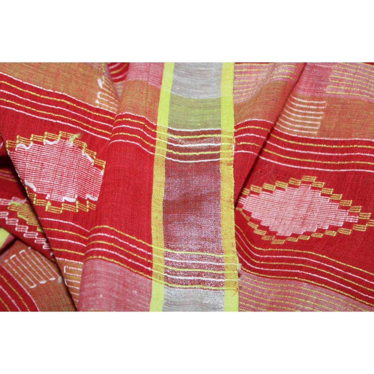 (1130) Cotton Azo-free dyed Jamdani sari from Burdwan with cotton motifs - Cherry red, yellow, orange, kora