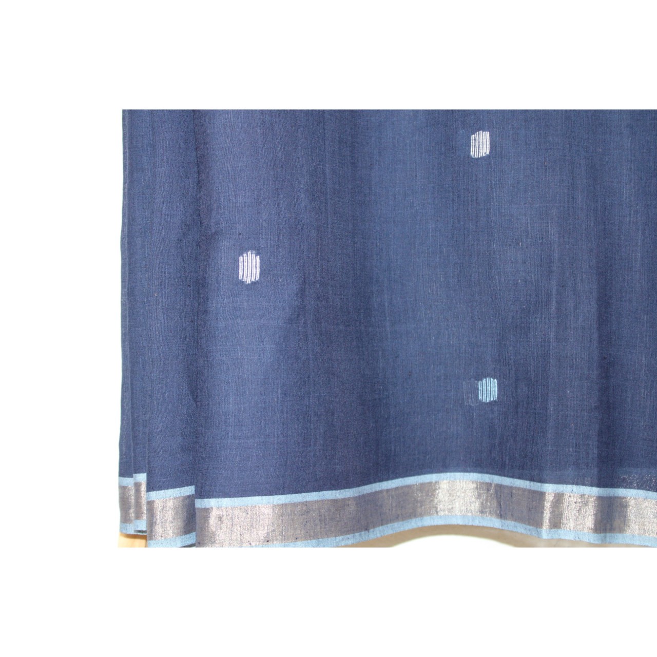 (1132) Cotton Azo-free dyed Jamdani sari from Burdwan with cotton motifs - Dark indigo, kora, azure