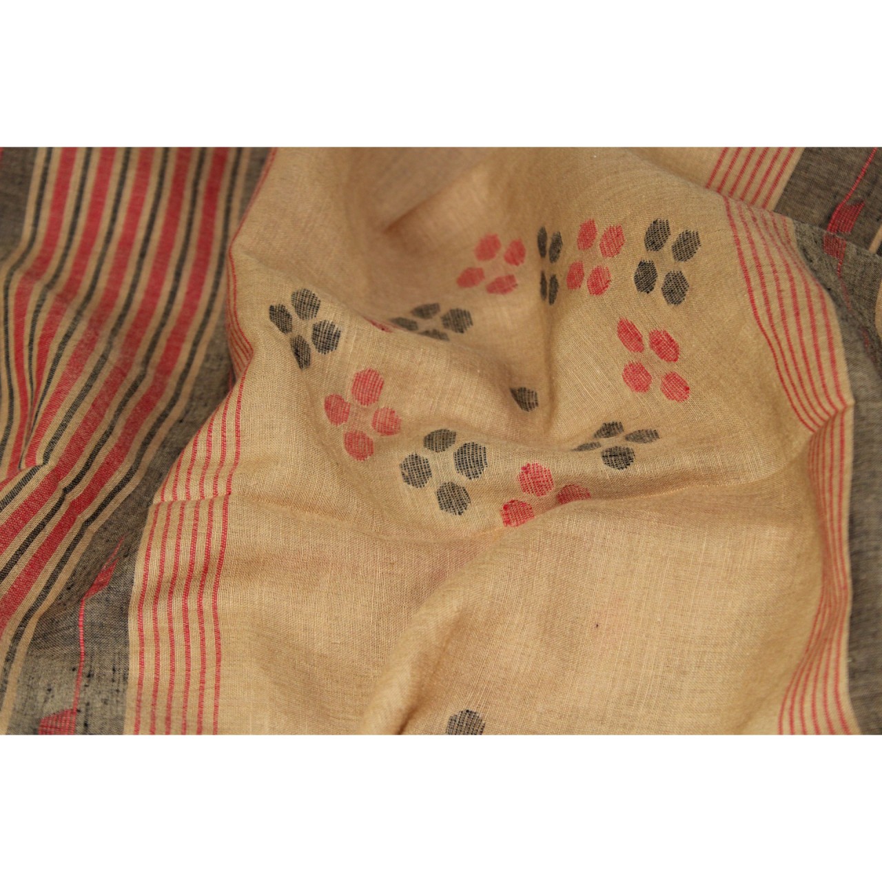 (1151) Cotton Azo-free dyed Jamdani sari from Burdwan with cotton motifs - Light brown, red, black