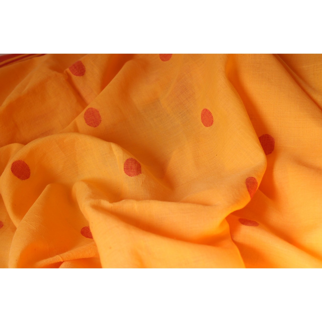 (1154) Cotton Azo-free dyed Jamdani sari from Burdwan with cotton motifs - Mustard yellow, red