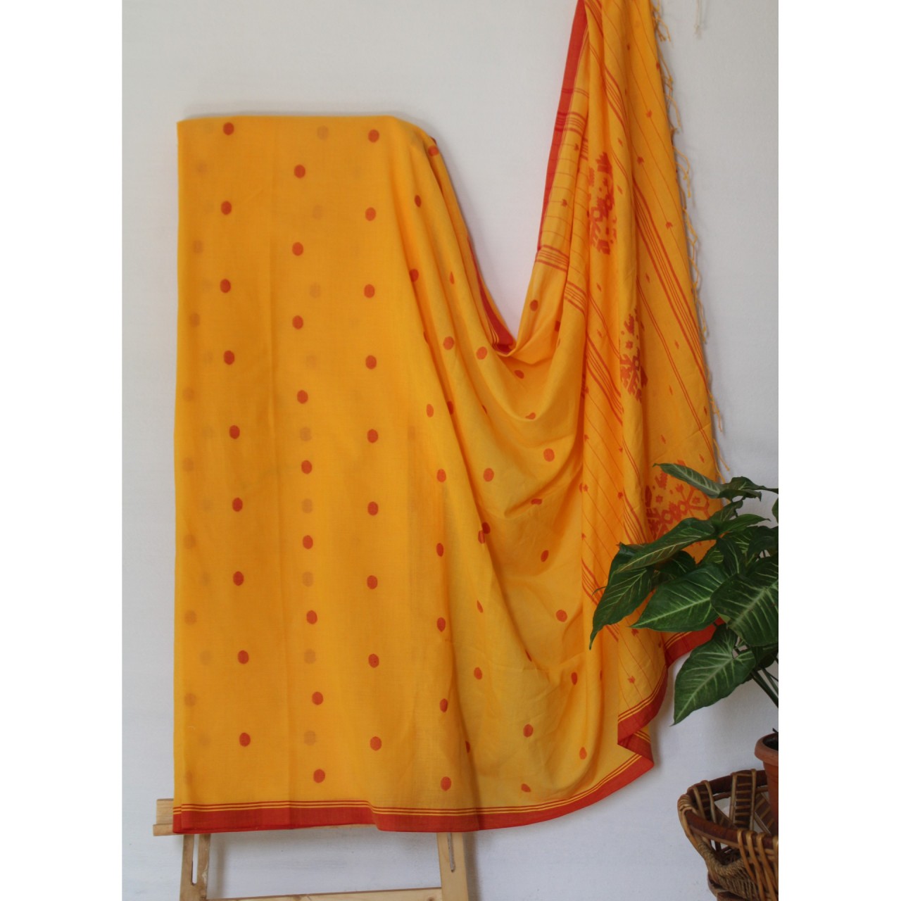 (1154) Cotton Azo-free dyed Jamdani sari from Burdwan with cotton motifs - Mustard yellow, red