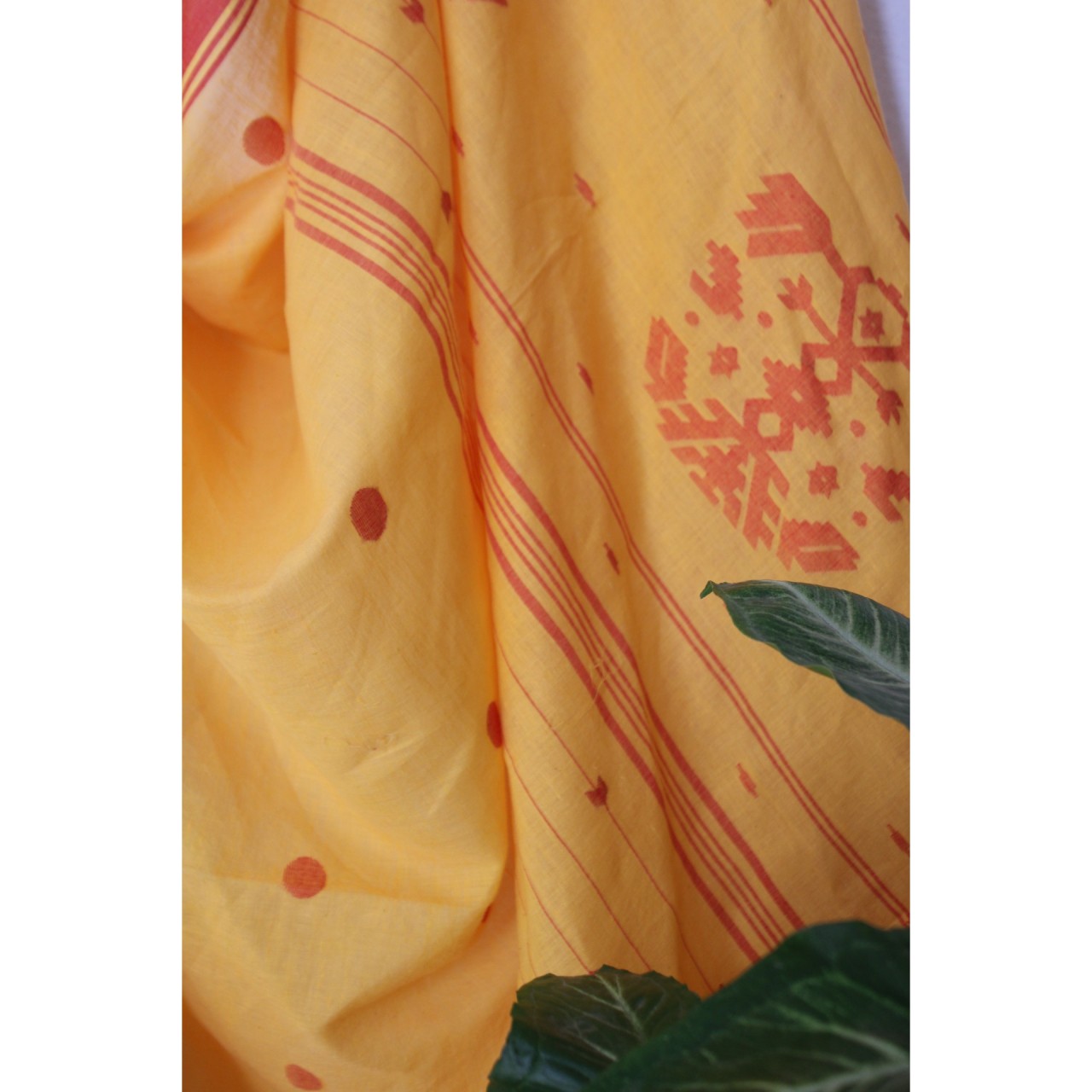 (1154) Cotton Azo-free dyed Jamdani sari from Burdwan with cotton motifs - Mustard yellow, red