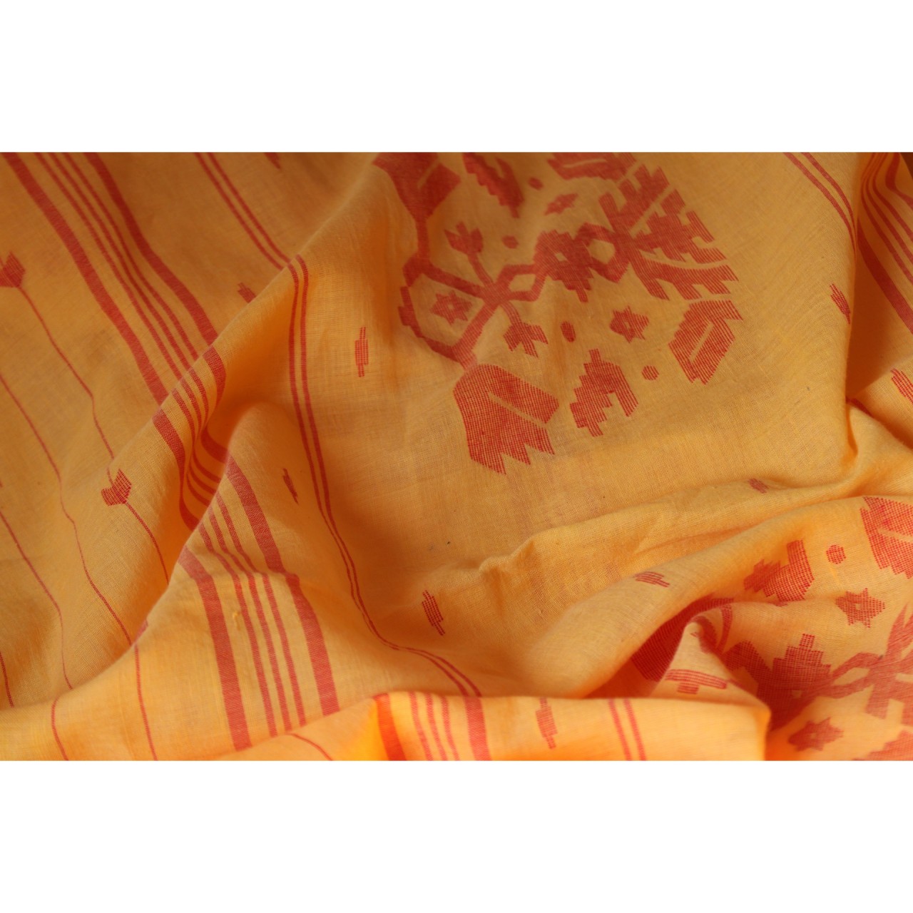 (1154) Cotton Azo-free dyed Jamdani sari from Burdwan with cotton motifs - Mustard yellow, red
