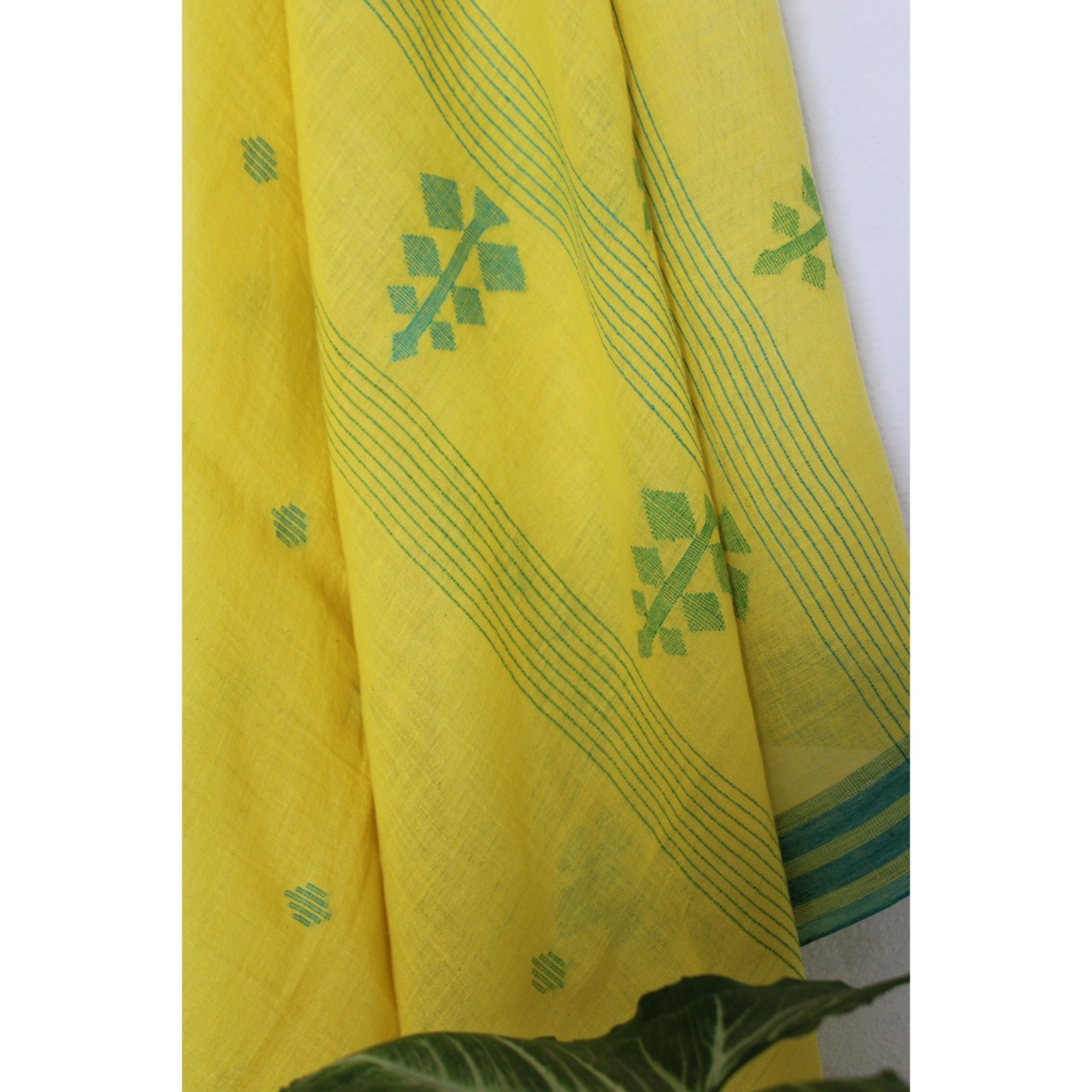 (1155) Cotton Azo-free dyed Jamdani sari from Burdwan with cotton motifs - Lemon yellow, sky blue, green