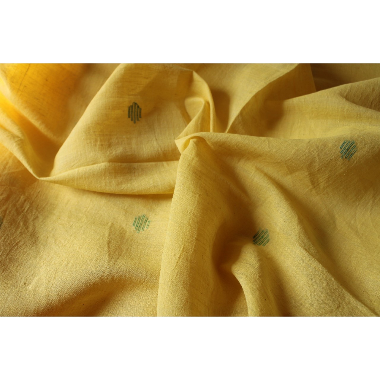 (1155) Cotton Azo-free dyed Jamdani sari from Burdwan with cotton motifs - Lemon yellow, sky blue, green
