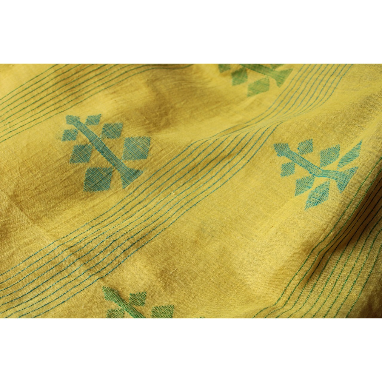 (1155) Cotton Azo-free dyed Jamdani sari from Burdwan with cotton motifs - Lemon yellow, sky blue, green