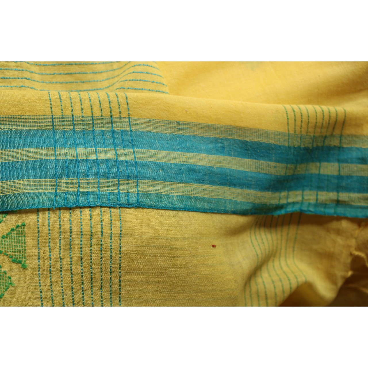 (1155) Cotton Azo-free dyed Jamdani sari from Burdwan with cotton motifs - Lemon yellow, sky blue, green