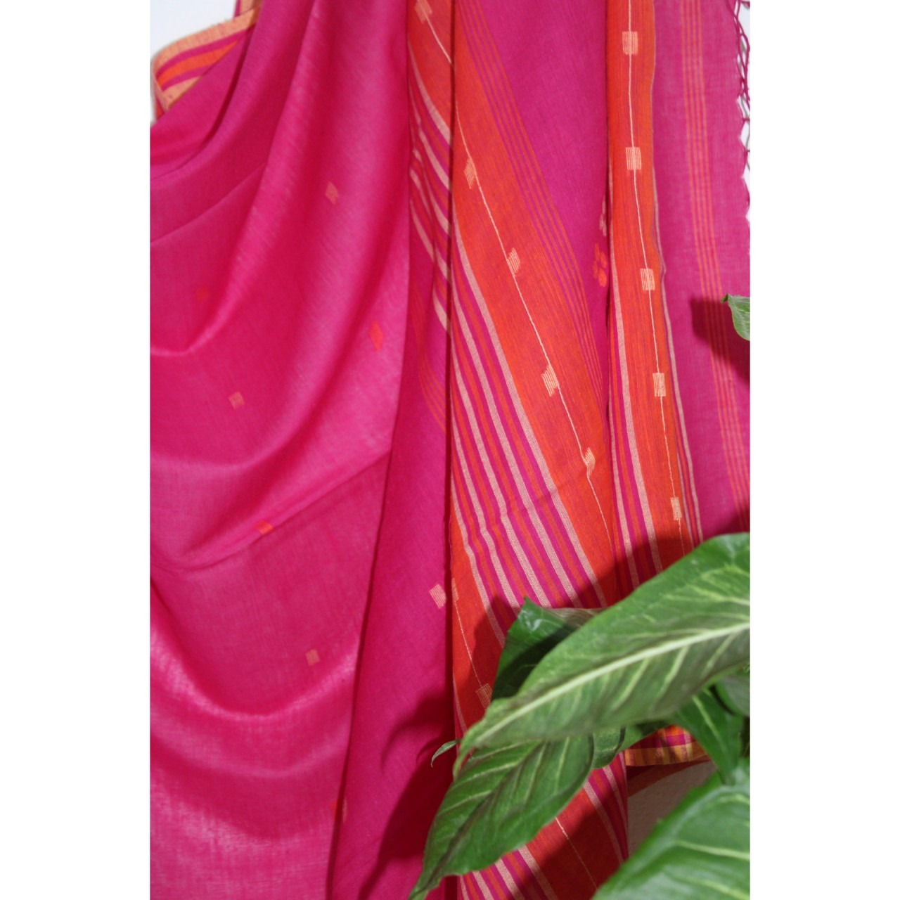 (1156) Cotton Azo-free dyed Jamdani sari from Burdwan with cotton motifs - Pink, yellow, orange