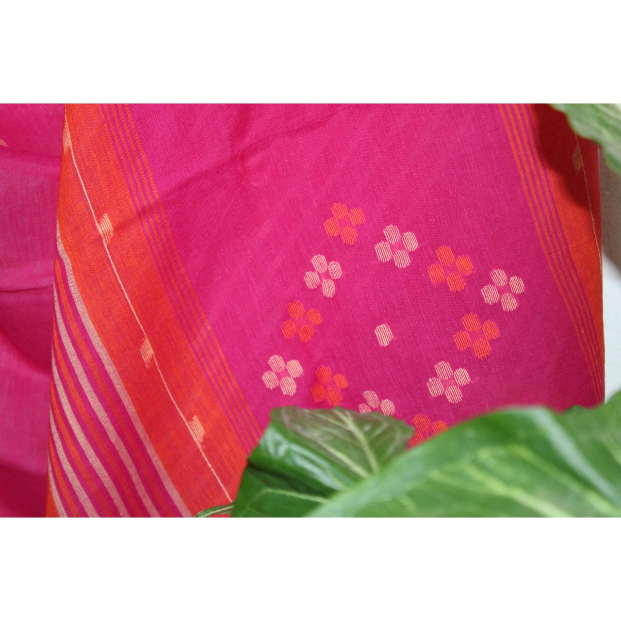 (1156) Cotton Azo-free dyed Jamdani sari from Burdwan with cotton motifs - Pink, yellow, orange